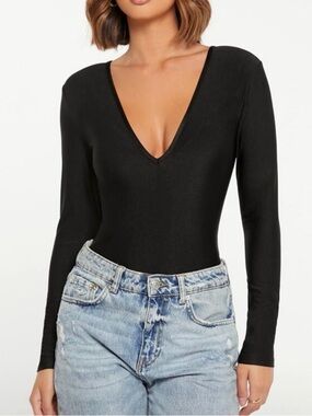 Black Long-Sleeve V-Neck Plunge One-Piece Bodysuit